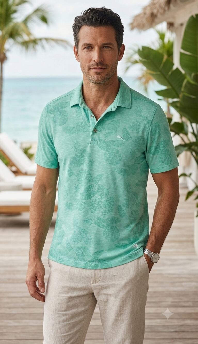 Tommy Bahama Men's Tropical Palm Leaf Polo Shirt Mint Green Golf Tennis EUC M